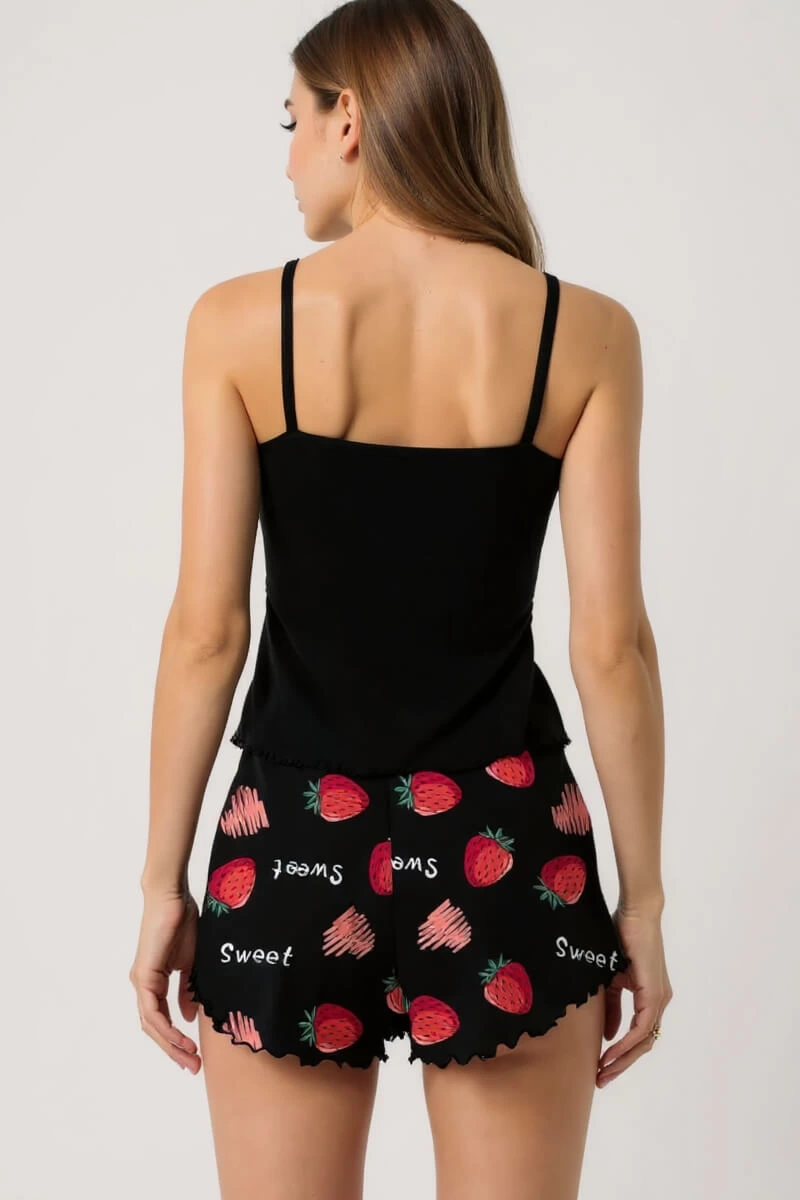 Çilek Baskılı Siyah Askılı Şortlu Pijama Takımı - 3